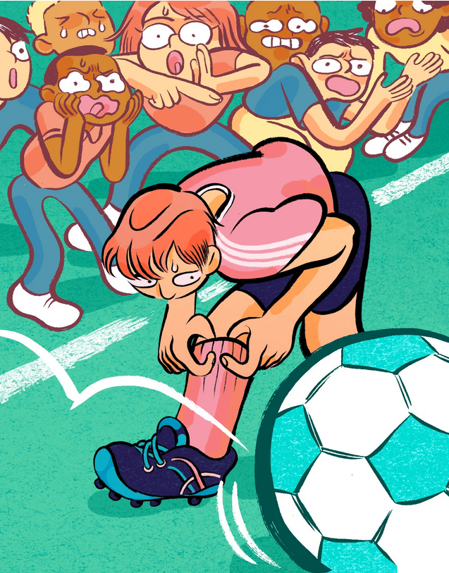 Illustration from New Yorker accompanying soccer poems; parents yelling at kid fixing sock while ball bounces past